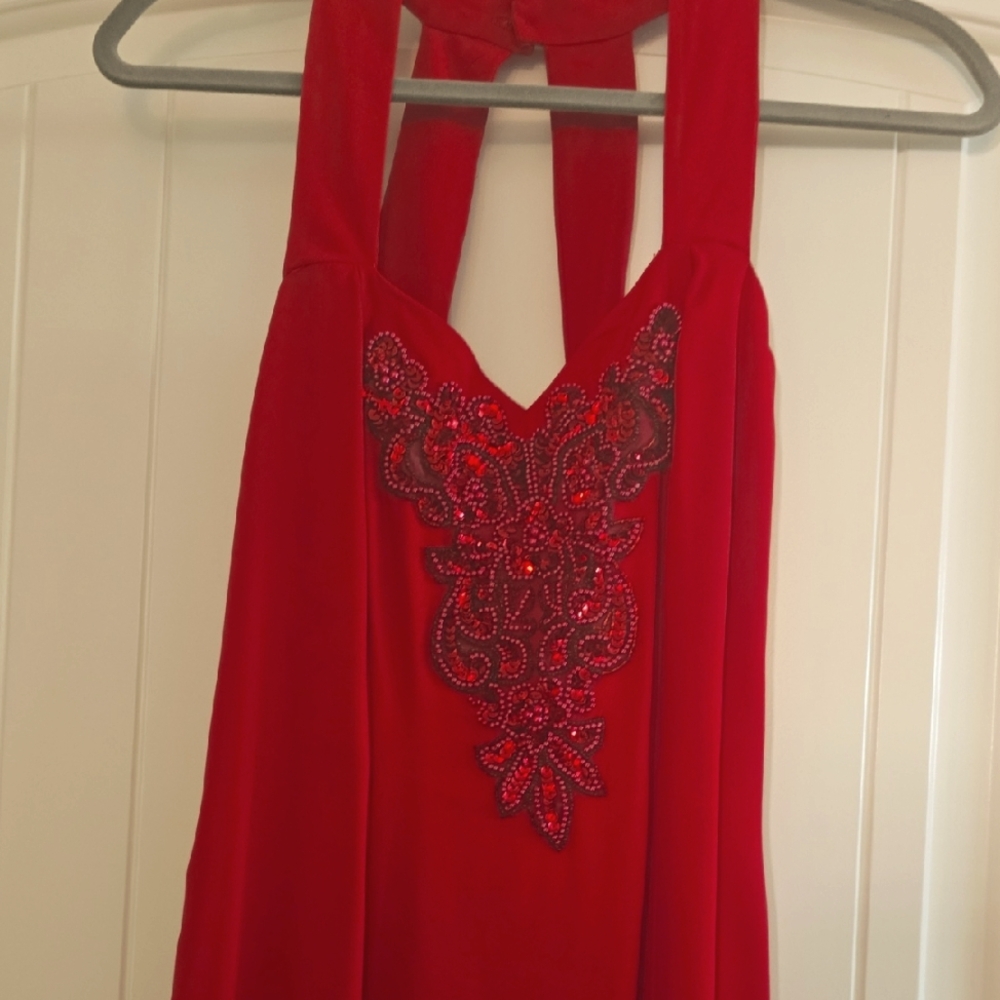 Elegant Red Halter Dress with Embellished Detail